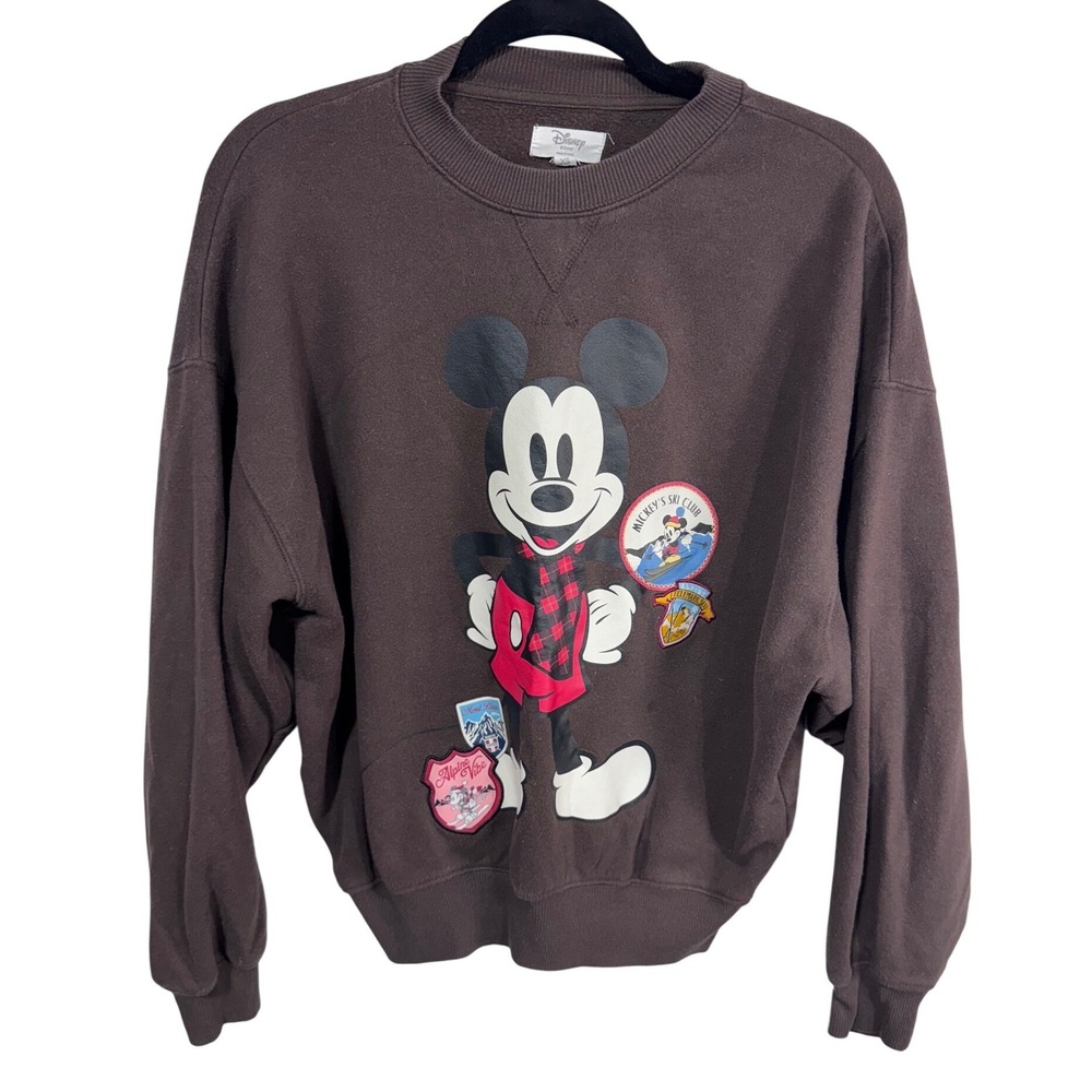 Disney Women's XS Brown Sweatshirt Mickey Mouse Ski Club Graphic Pullover
